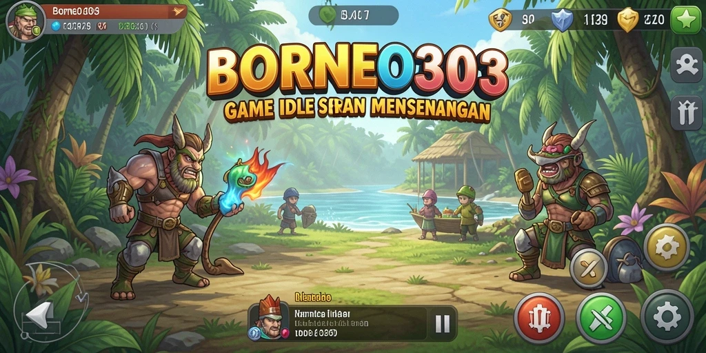Screenshot gameplay BORNEO303 yang menunjukkan proses pengembangan kerajaan Idle.