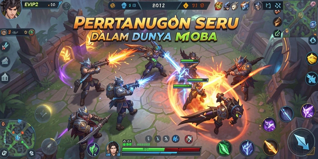 Tampilan gameplay seru EVIP2 dengan pertarungan antar karakter MOBA.