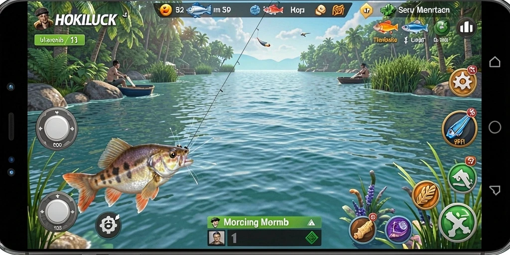 Tampilan gameplay HOKILUCK yang mendebarkan saat memancing di danau indah.