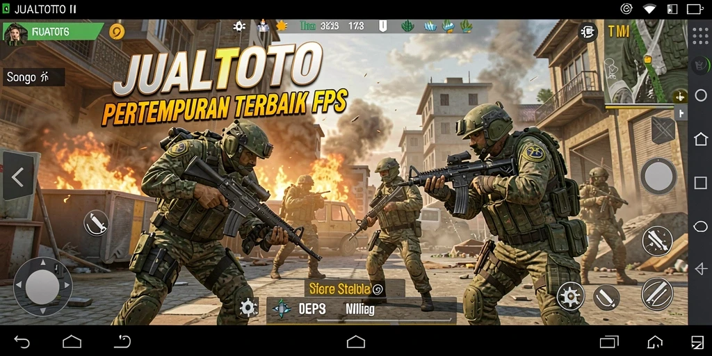 Screenshot utama JUALTOTO menampilkan aksi mendebarkan dalam pertempuran FPS.