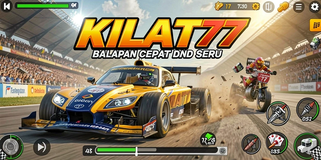 Screenshot gameplay KILAT77 menunjukkan aksi balapan yang mendebarkan.
