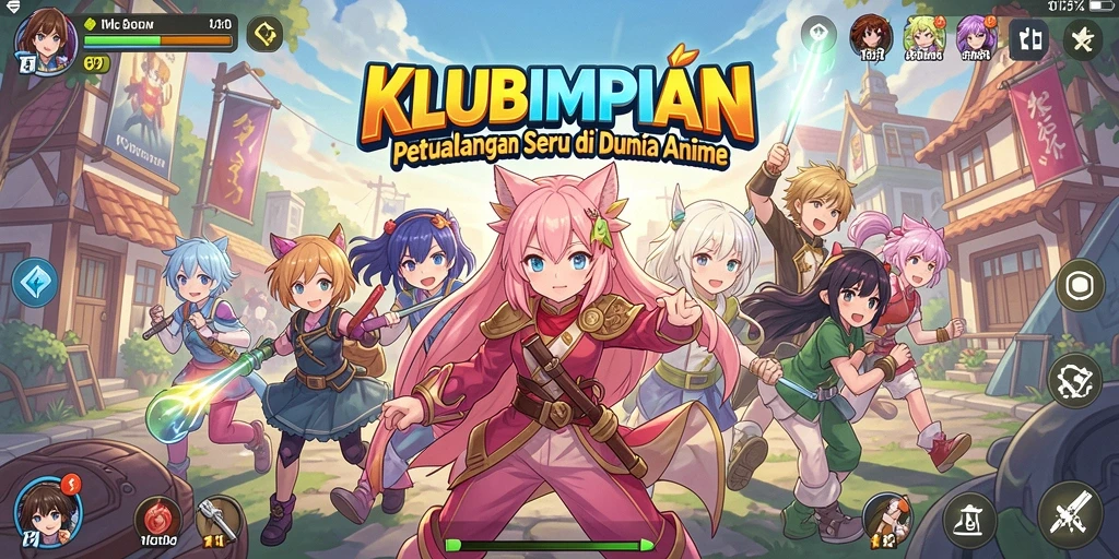 Screenshot gameplay KLUBIMPIAN menunjukkan karakter anime yang dinamis dan penuh warna.
