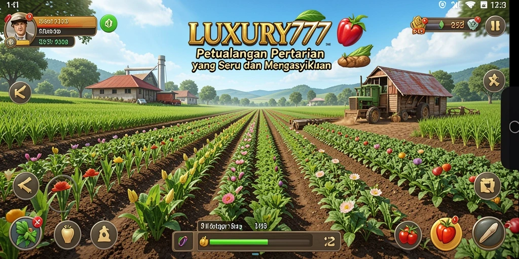 Tampilan gameplay LUXURY777 dengan kebun yang subur dan hewan ternak.