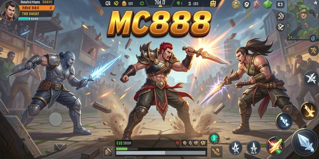 Screenshot utama MC888 menampilkan aksi pertempuran seru di arena Battle Royale.