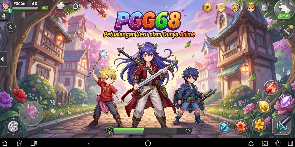 Tampilan gameplay PGG68 yang menampilkan karakter anime dalam aksi.