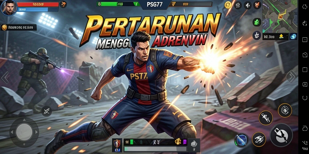 Tampilan gameplay PSG77 dengan karakter bertarung di arena yang dinamis.