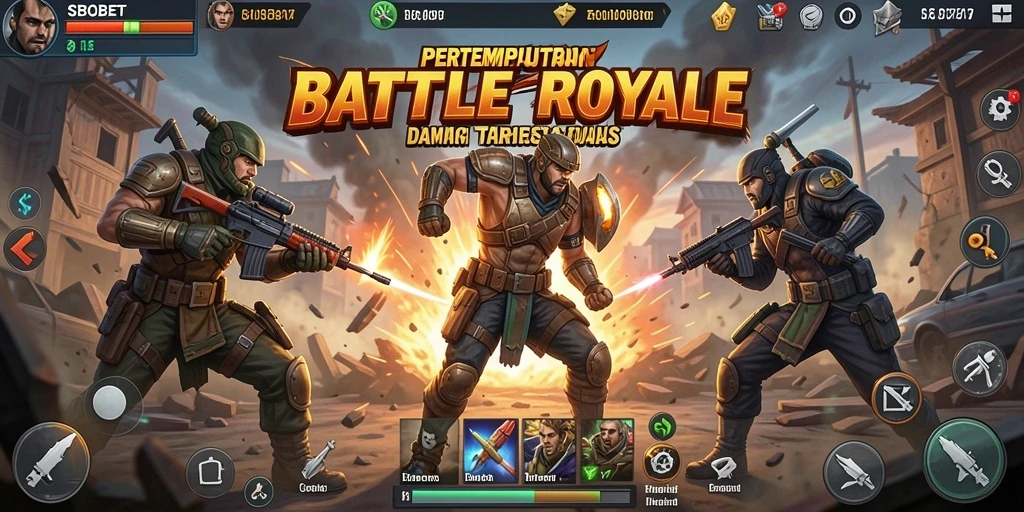 Tangkapan layar SBOBET menunjukkan aksi intens dalam pertempuran Battle Royale yang menegangkan.
