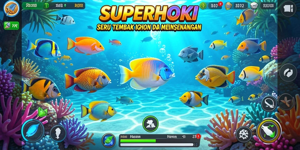 Tangkapan layar gameplay SUPERHOKI menampilkan aksi menangkap ikan yang seru.